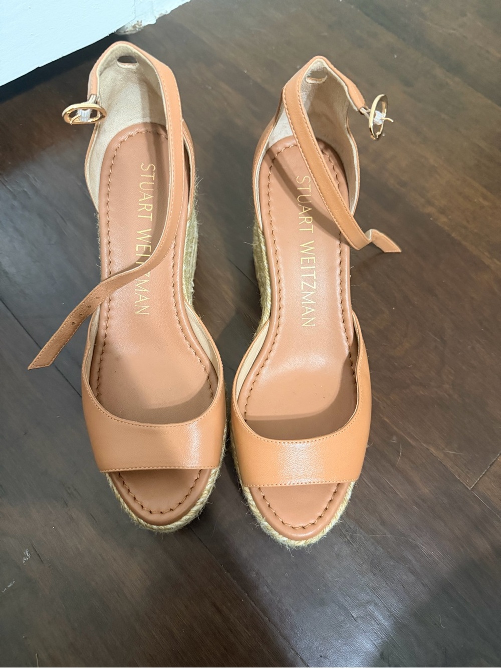 Stuart Weitzman Tan Leather Espadrille Wedge Sandals with Ankle Strap